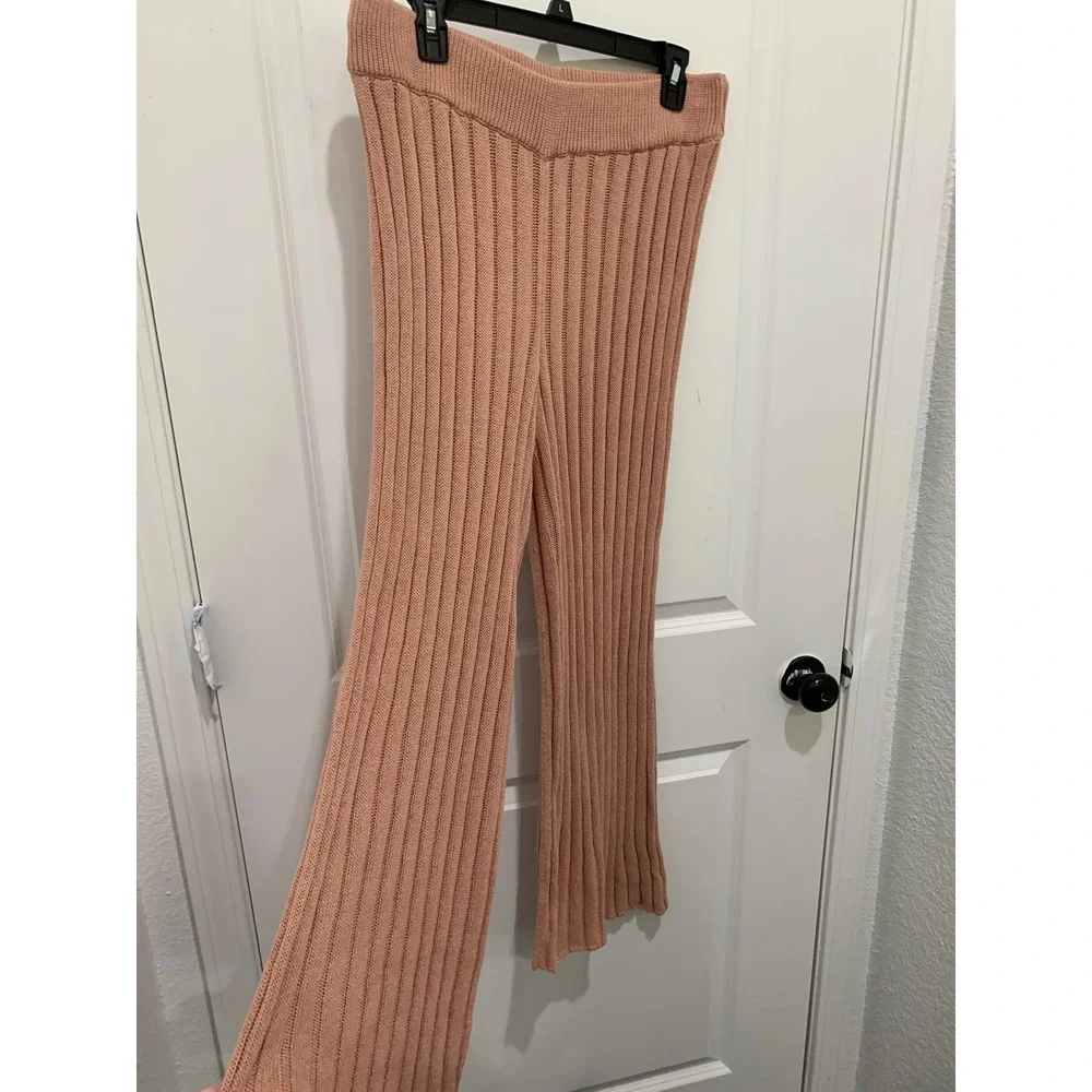 Free People Beach Rib Knit Wide Leg Pants Dusty Rose Pink XL Boho Loungewear